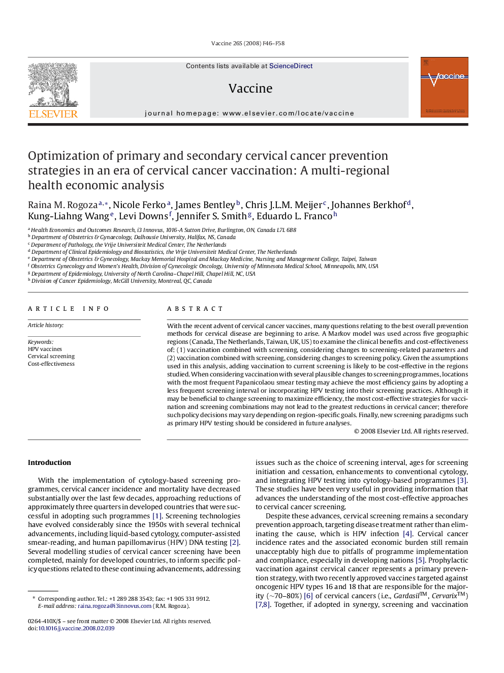 Optimization of primary and secondary cervical cancer prevention strategies in an era of cervical cancer vaccination: A multi-regional health economic analysis