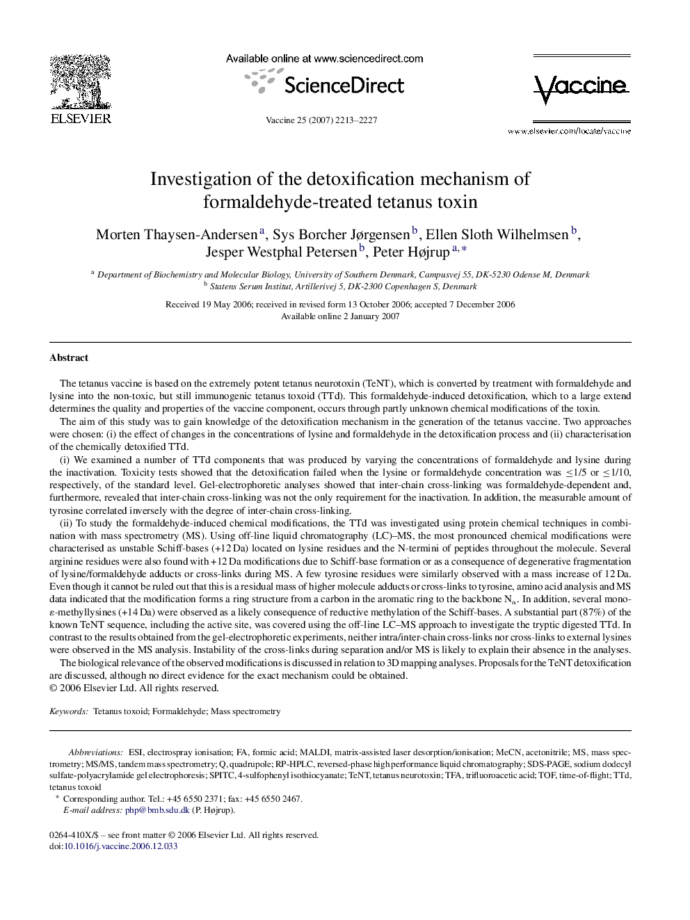 Investigation of the detoxification mechanism of formaldehyde-treated tetanus toxin