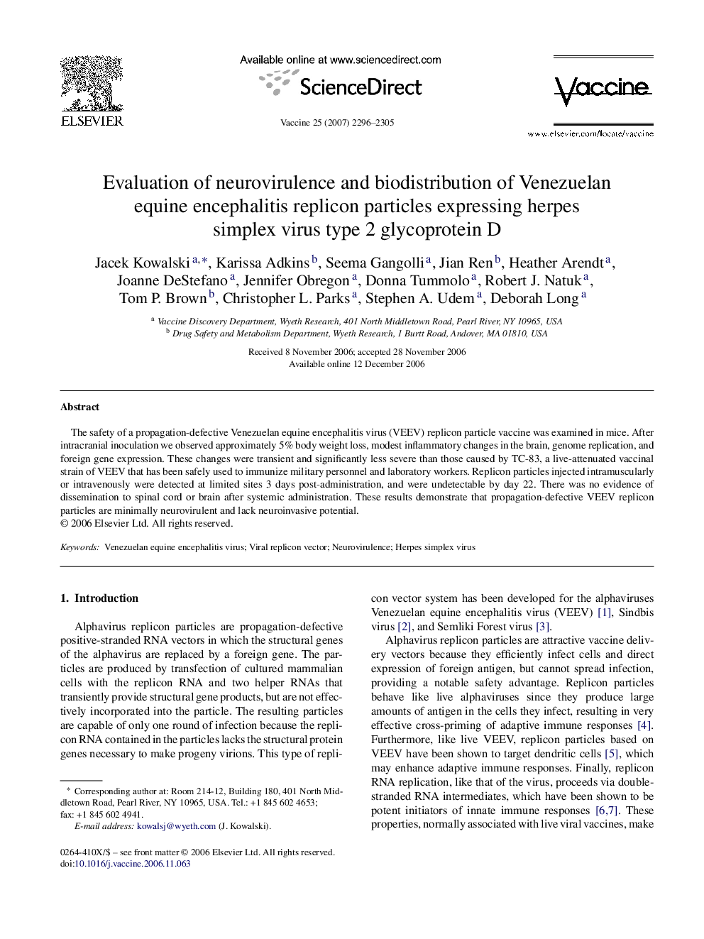 Evaluation of neurovirulence and biodistribution of Venezuelan equine encephalitis replicon particles expressing herpes simplex virus type 2 glycoprotein D