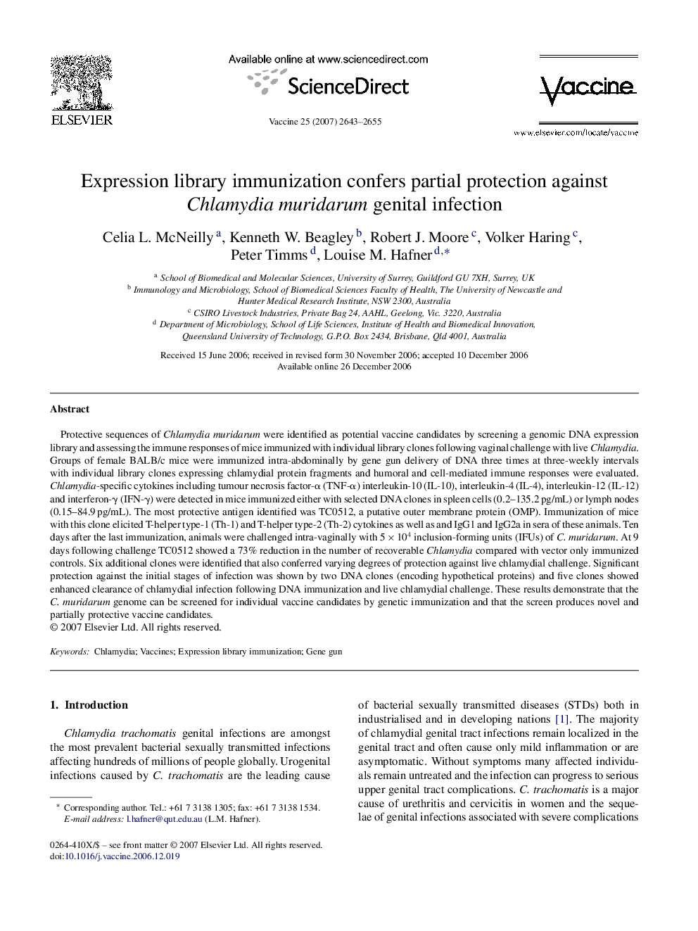 Expression library immunization confers partial protection against Chlamydia muridarum genital infection