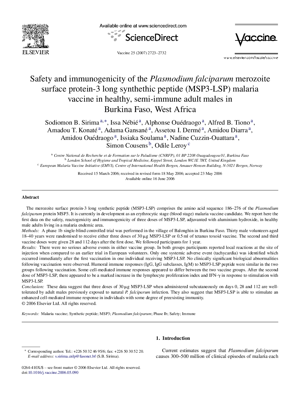 Safety and immunogenicity of the Plasmodium falciparum merozoite surface protein-3 long synthethic peptide (MSP3-LSP) malaria vaccine in healthy, semi-immune adult males in Burkina Faso, West Africa