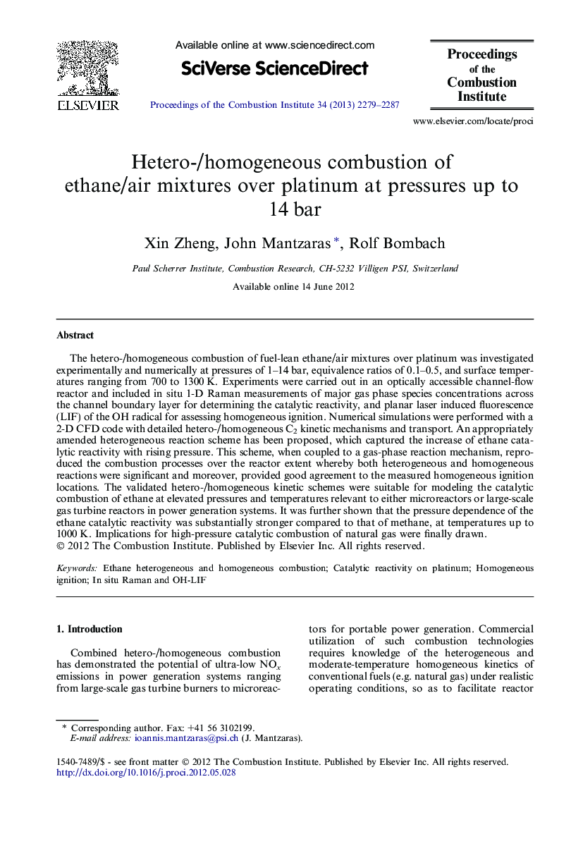 Hetero-/homogeneous combustion of ethane/air mixtures over platinum at pressures up to 14 bar