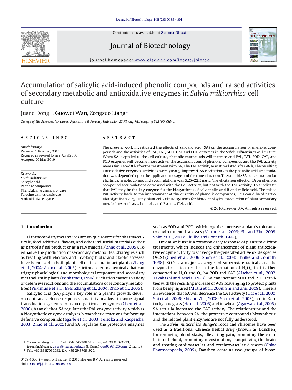 Accumulation of salicylic acid-induced phenolic compounds and raised activities of secondary metabolic and antioxidative enzymes in Salvia miltiorrhiza cell culture