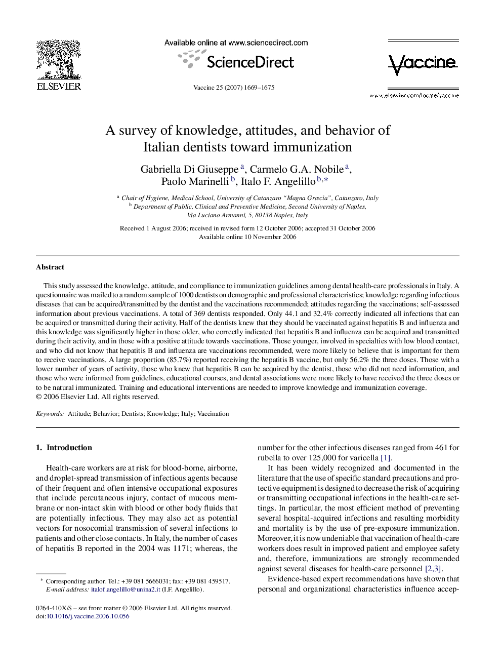 A survey of knowledge, attitudes, and behavior of Italian dentists toward immunization