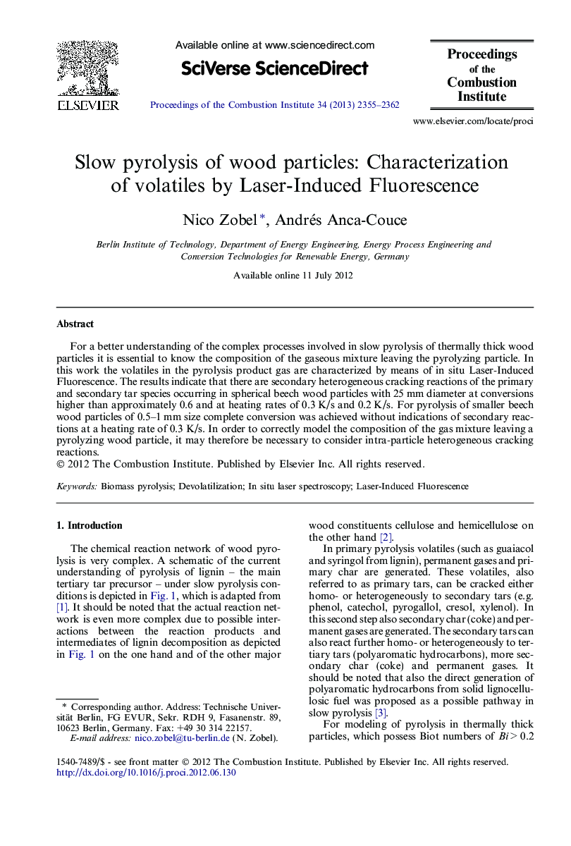 Slow pyrolysis of wood particles: Characterization of volatiles by Laser-Induced Fluorescence