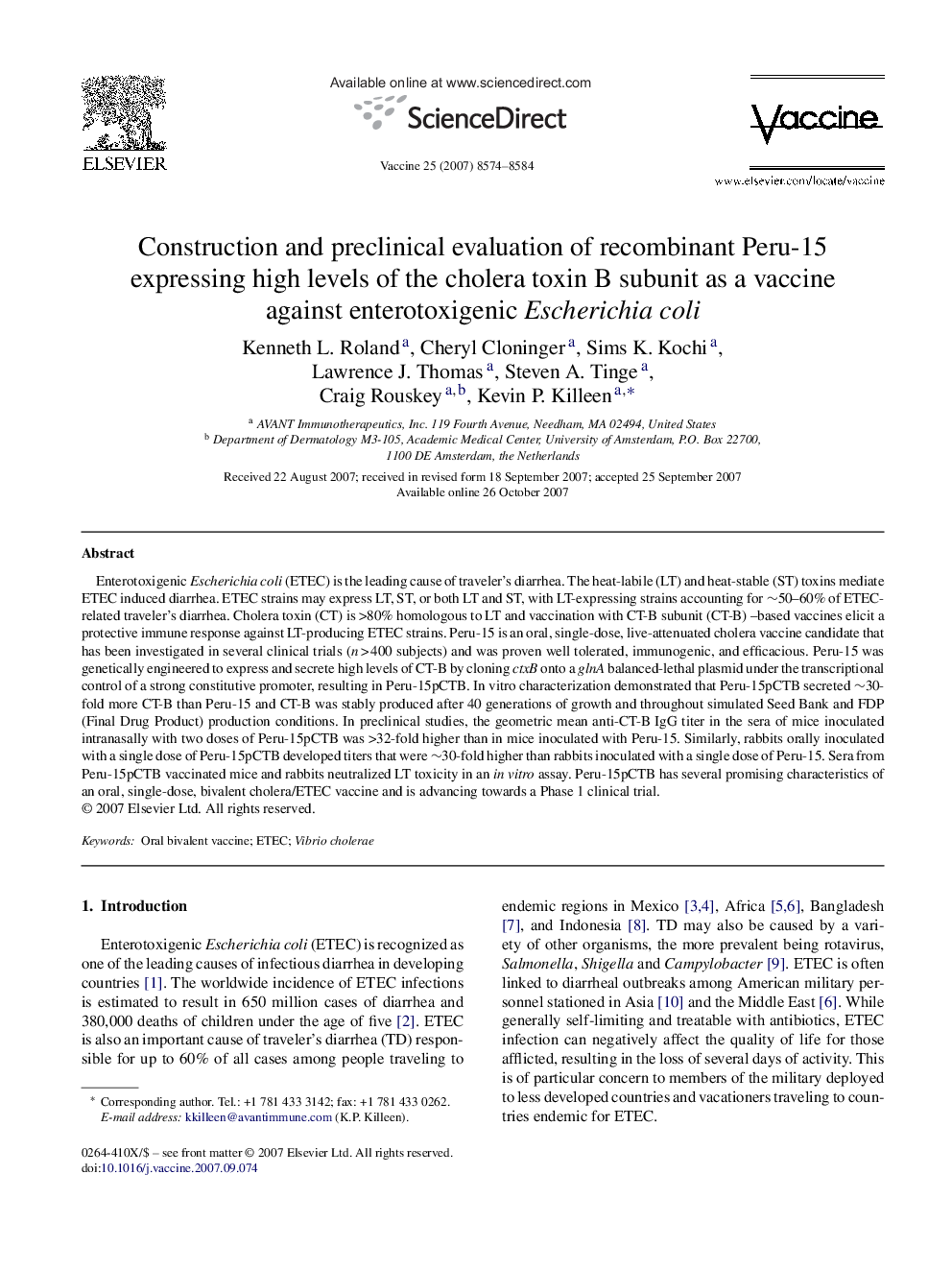 Construction and preclinical evaluation of recombinant Peru-15 expressing high levels of the cholera toxin B subunit as a vaccine against enterotoxigenic Escherichia coli