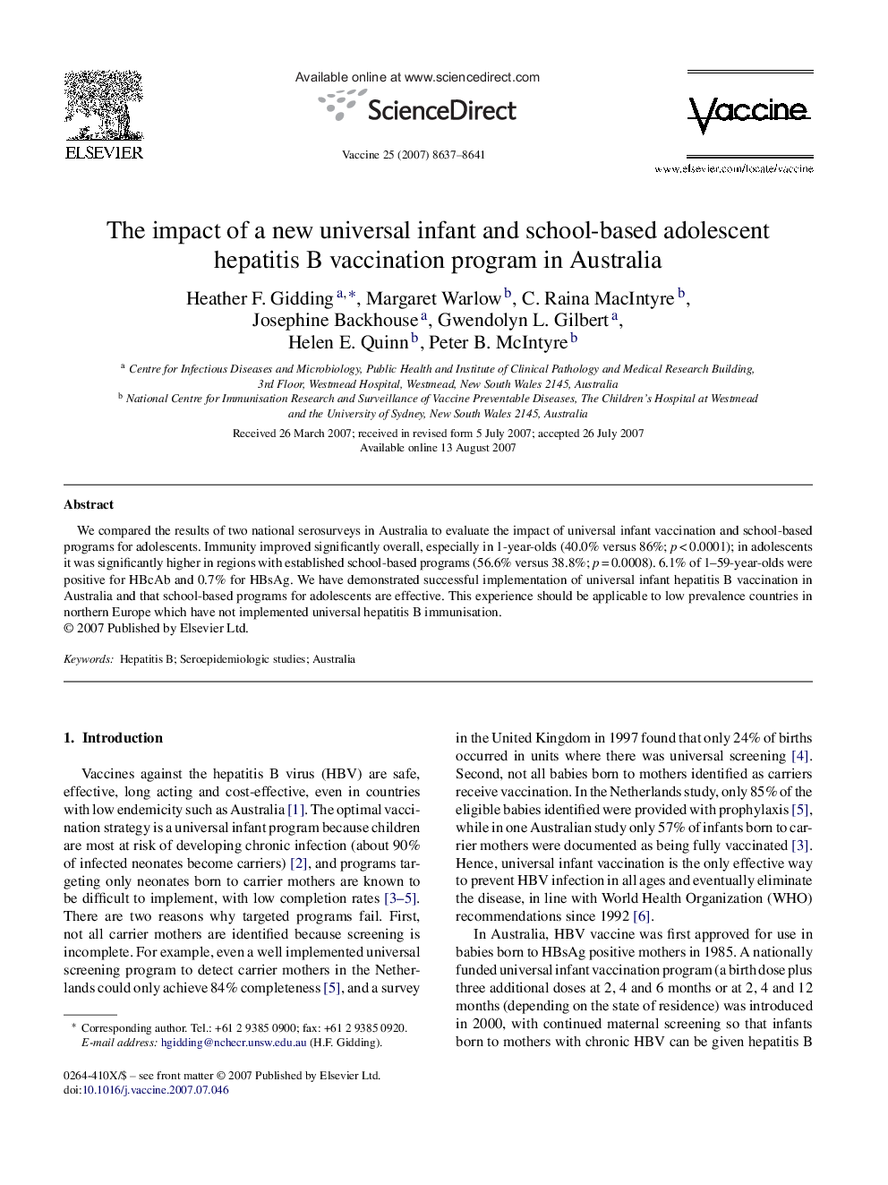 The impact of a new universal infant and school-based adolescent hepatitis B vaccination program in Australia