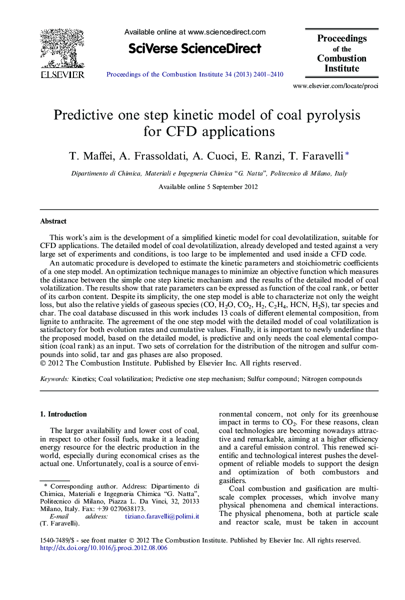 Predictive one step kinetic model of coal pyrolysis for CFD applications