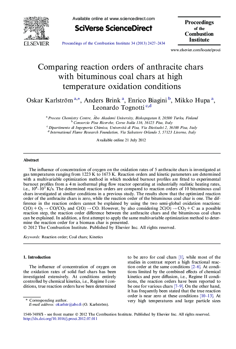 Comparing reaction orders of anthracite chars with bituminous coal chars at high temperature oxidation conditions