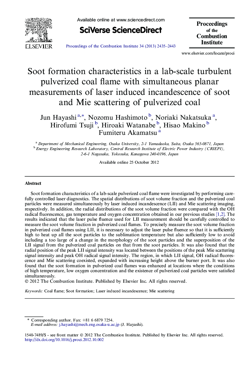 Soot formation characteristics in a lab-scale turbulent pulverized coal flame with simultaneous planar measurements of laser induced incandescence of soot and Mie scattering of pulverized coal