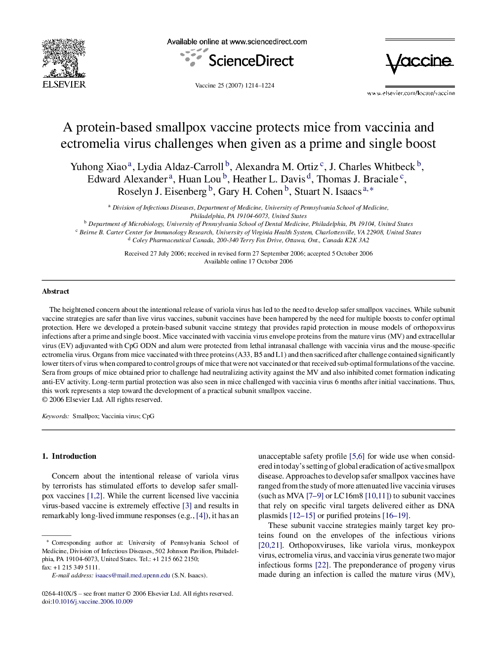 A protein-based smallpox vaccine protects mice from vaccinia and ectromelia virus challenges when given as a prime and single boost