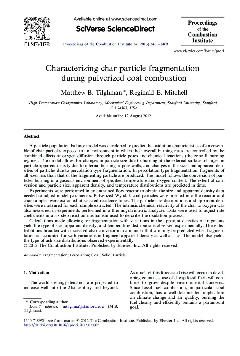Characterizing char particle fragmentation during pulverized coal combustion