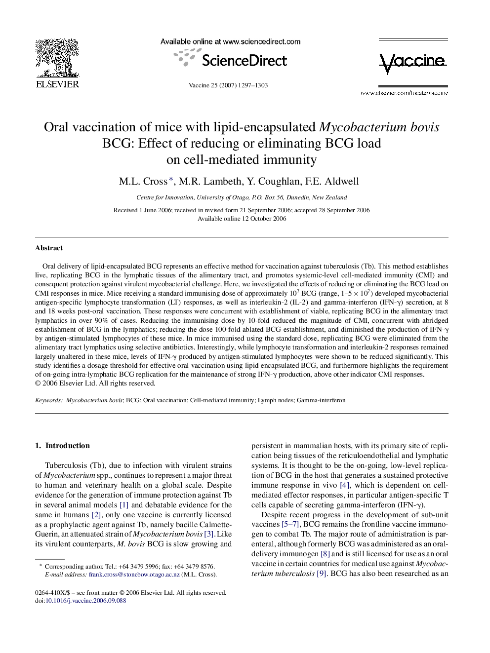 Oral vaccination of mice with lipid-encapsulated Mycobacterium bovis BCG: Effect of reducing or eliminating BCG load on cell-mediated immunity