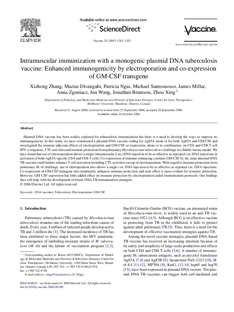 Intramuscular immunization with a monogenic plasmid DNA tuberculosis vaccine: Enhanced immunogenicity by electroporation and co-expression of GM-CSF transgene