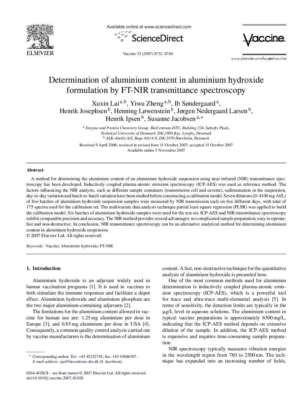 Determination of aluminium content in aluminium hydroxide formulation by FT-NIR transmittance spectroscopy