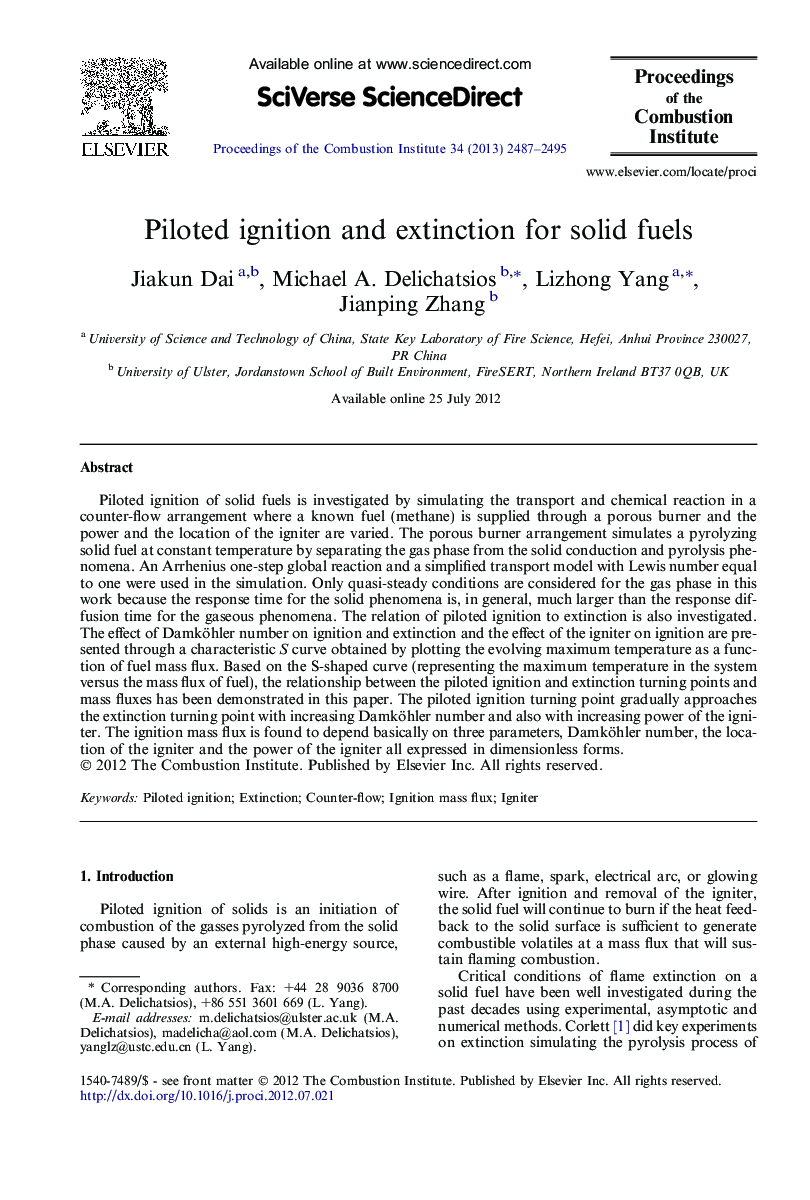 Piloted ignition and extinction for solid fuels