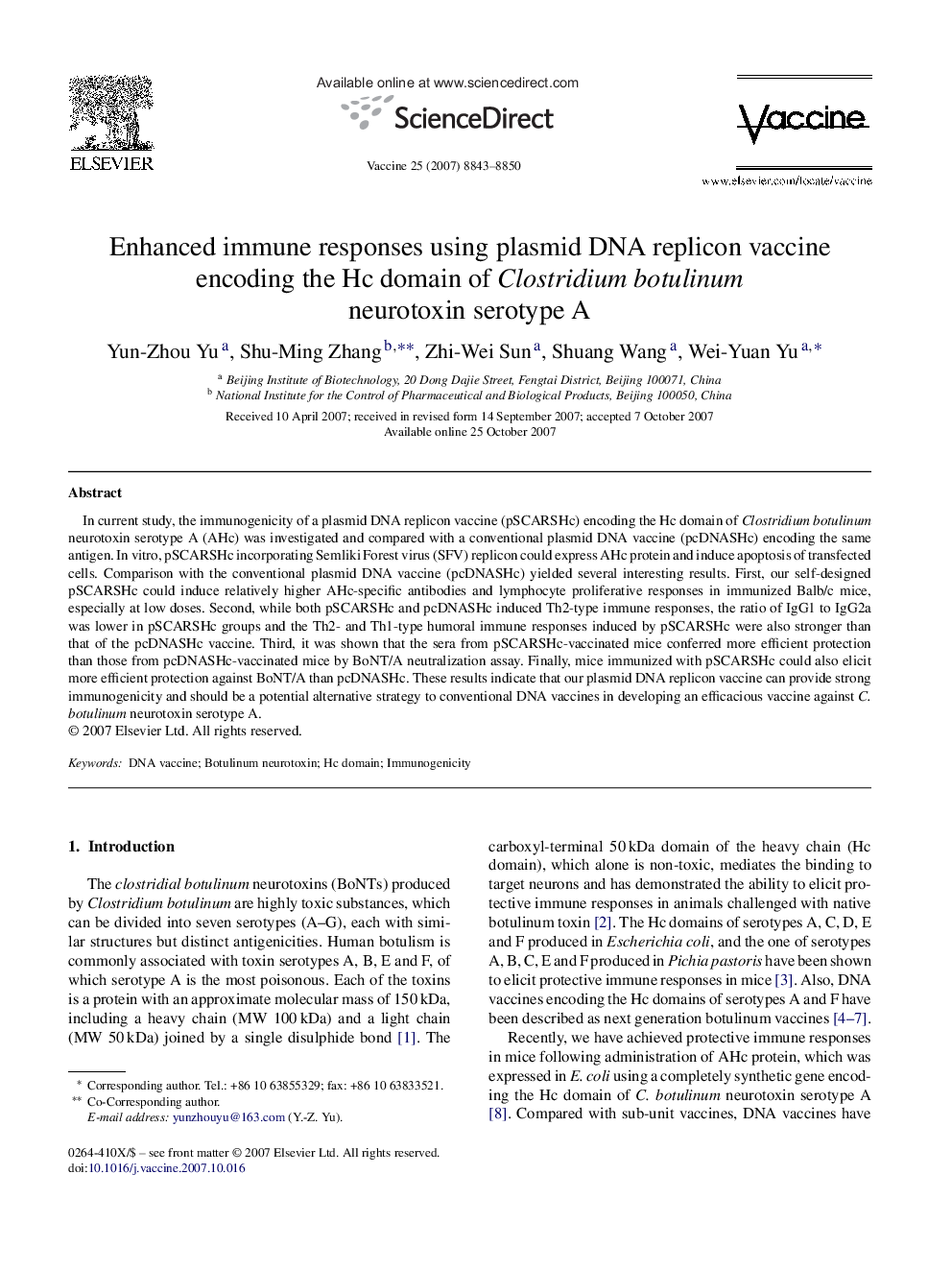 Enhanced immune responses using plasmid DNA replicon vaccine encoding the Hc domain of Clostridium botulinum neurotoxin serotype A