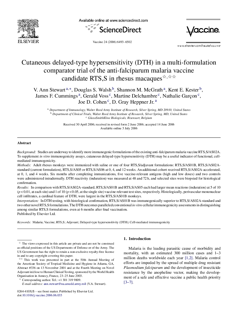 Cutaneous delayed-type hypersensitivity (DTH) in a multi-formulation comparator trial of the anti-falciparum malaria vaccine candidate RTS,S in rhesus macaques 