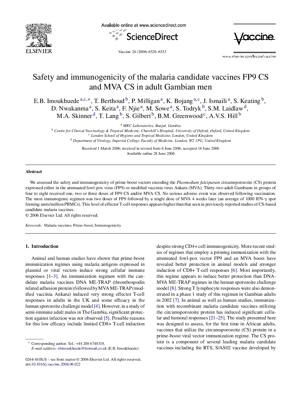 Safety and immunogenicity of the malaria candidate vaccines FP9 CS and MVA CS in adult Gambian men