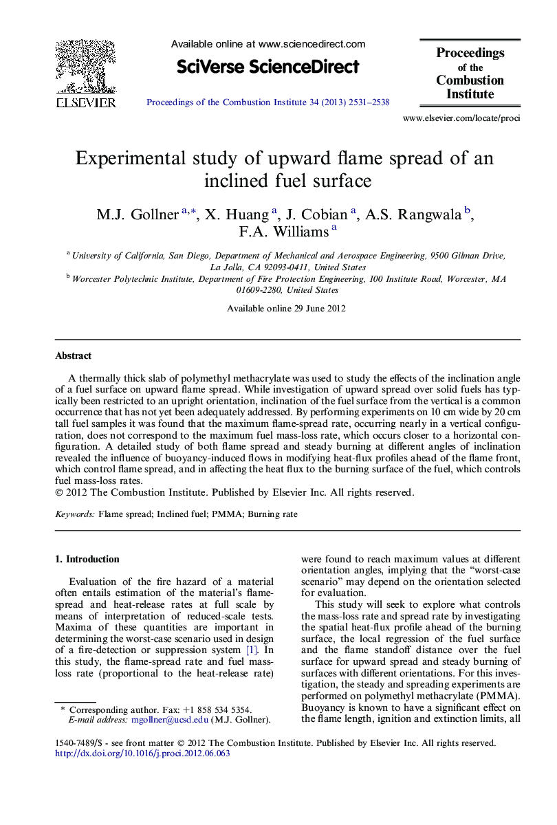 Experimental study of upward flame spread of an inclined fuel surface