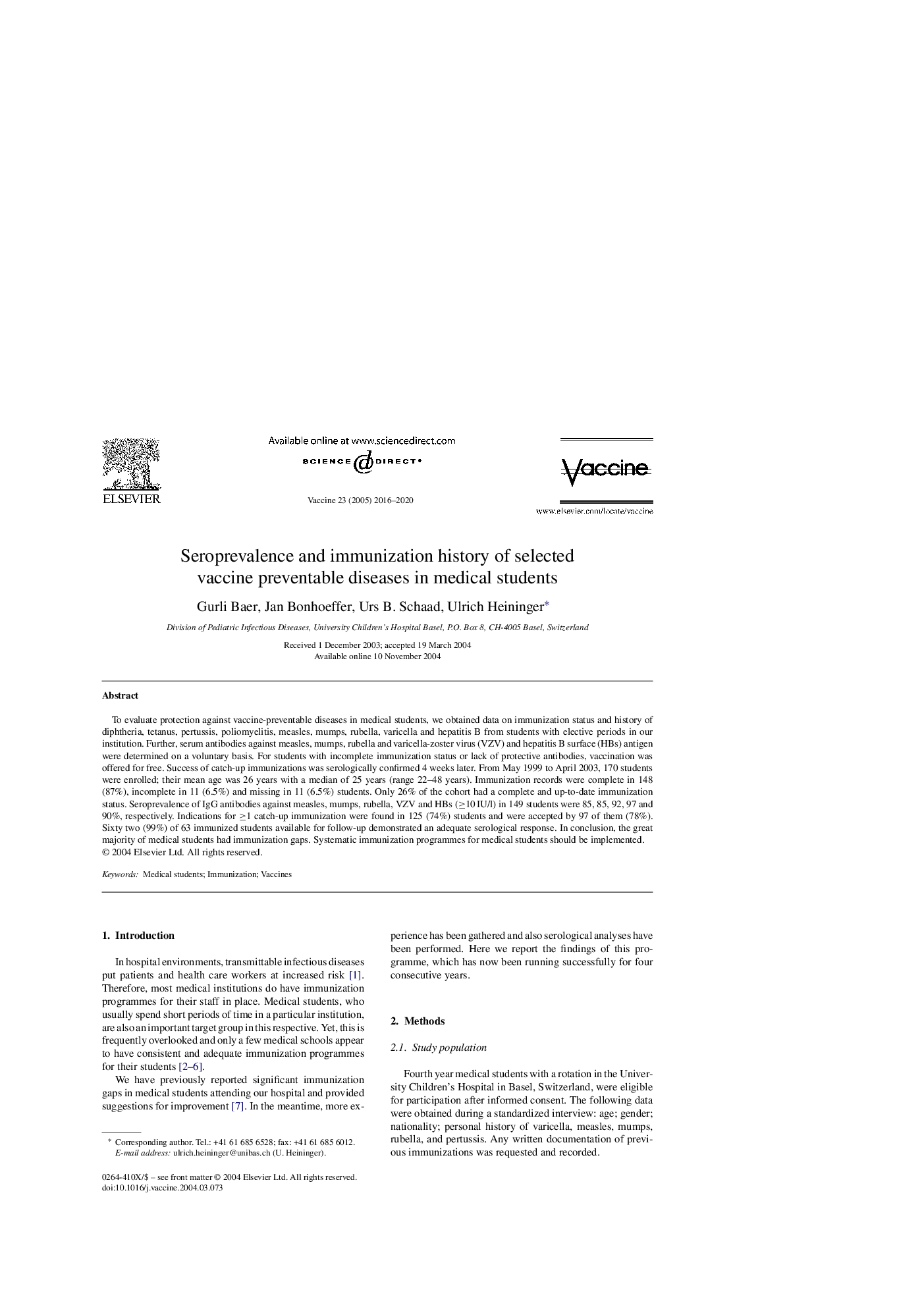 تاریخچه شیوع سرمی و ایمن سازی بیماری های انتخاب شده قابل پیشگیری با واکسن در دانشجویان پزشکی