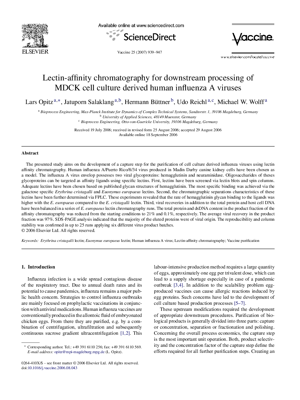 Lectin-affinity chromatography for downstream processing of MDCK cell culture derived human influenza A viruses