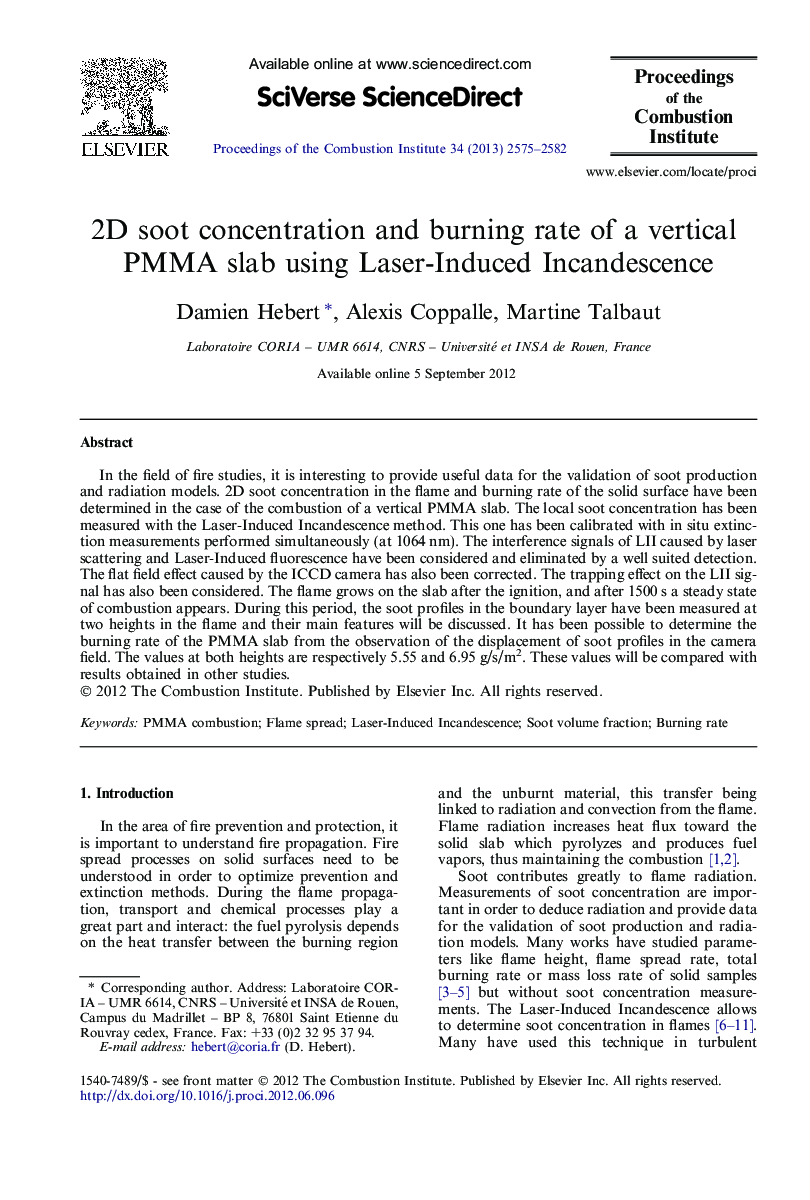 2D soot concentration and burning rate of a vertical PMMA slab using Laser-Induced Incandescence