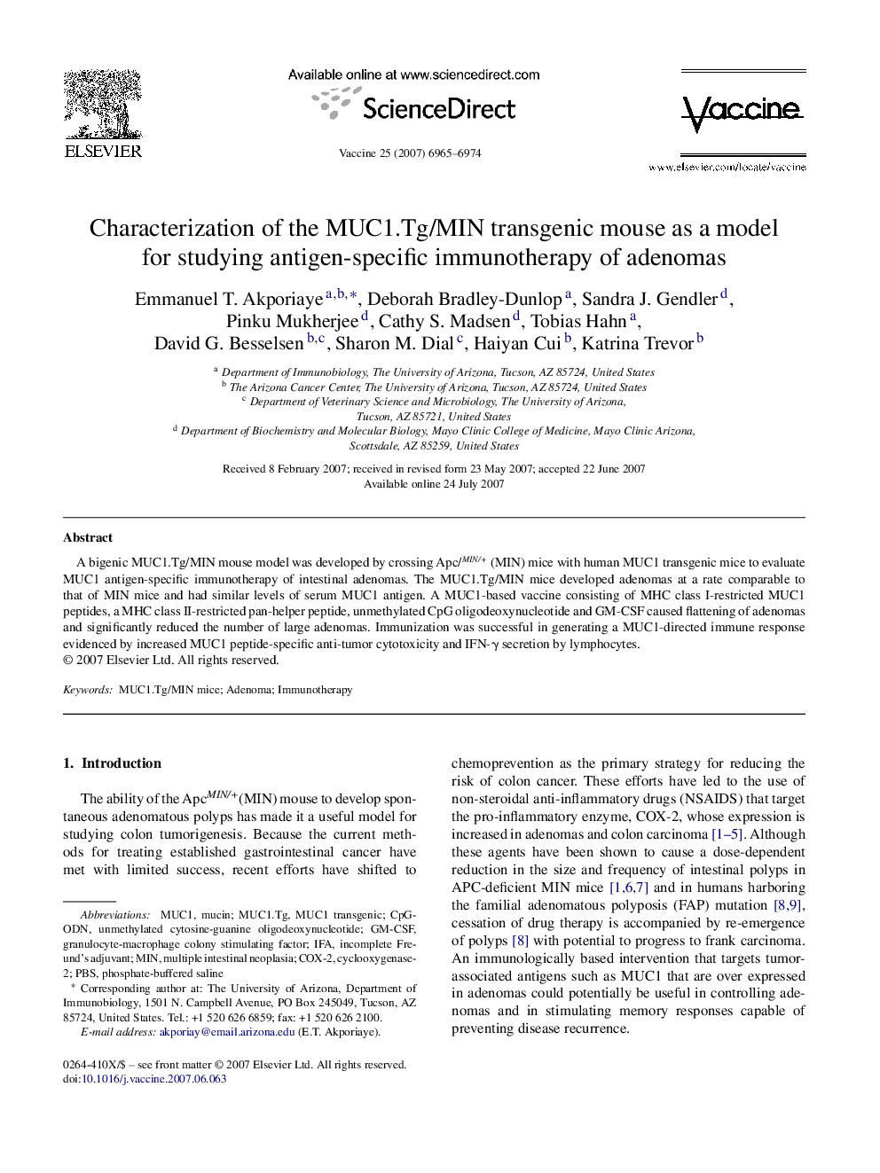 Characterization of the MUC1.Tg/MIN transgenic mouse as a model for studying antigen-specific immunotherapy of adenomas