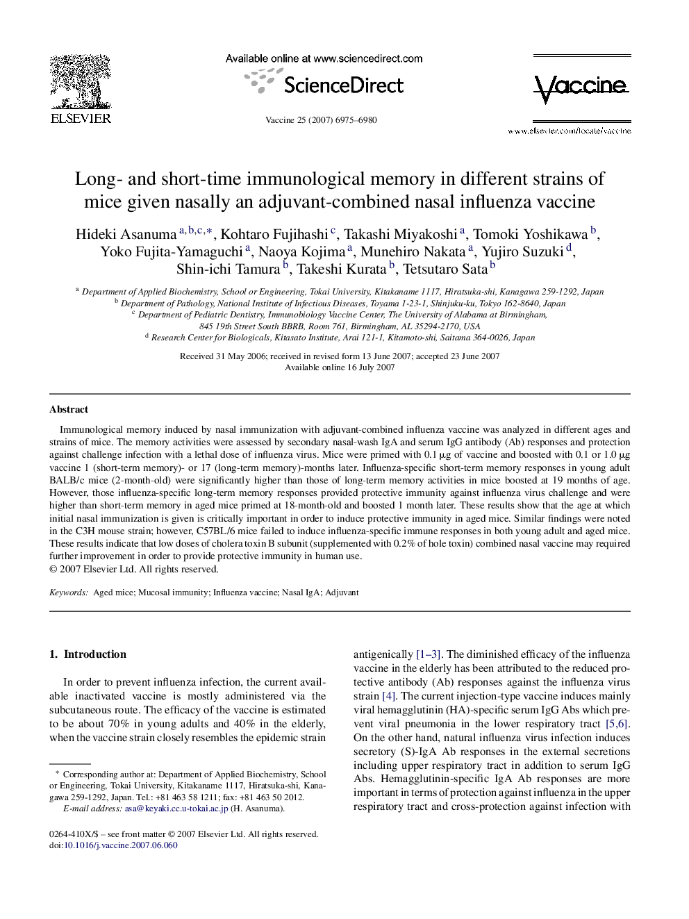 Long- and short-time immunological memory in different strains of mice given nasally an adjuvant-combined nasal influenza vaccine