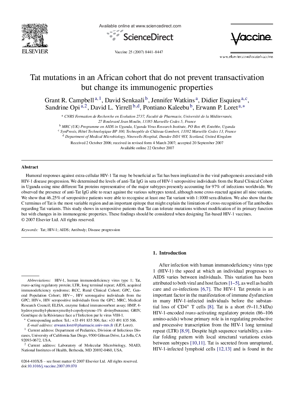 Tat mutations in an African cohort that do not prevent transactivation but change its immunogenic properties