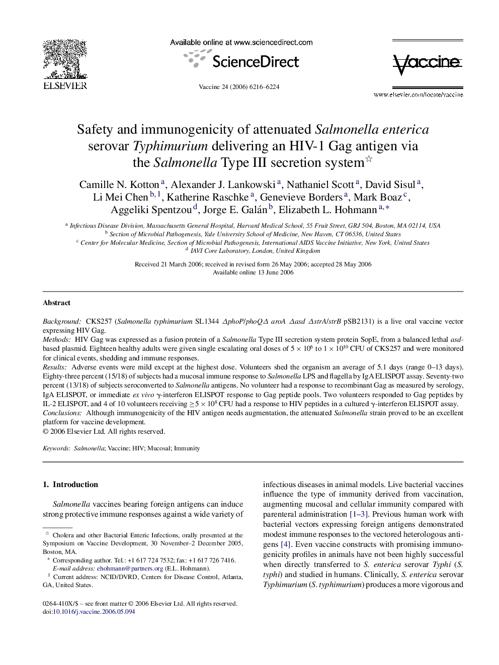 Safety and immunogenicity of attenuated Salmonella enterica serovar Typhimurium delivering an HIV-1 Gag antigen via the Salmonella Type III secretion system 