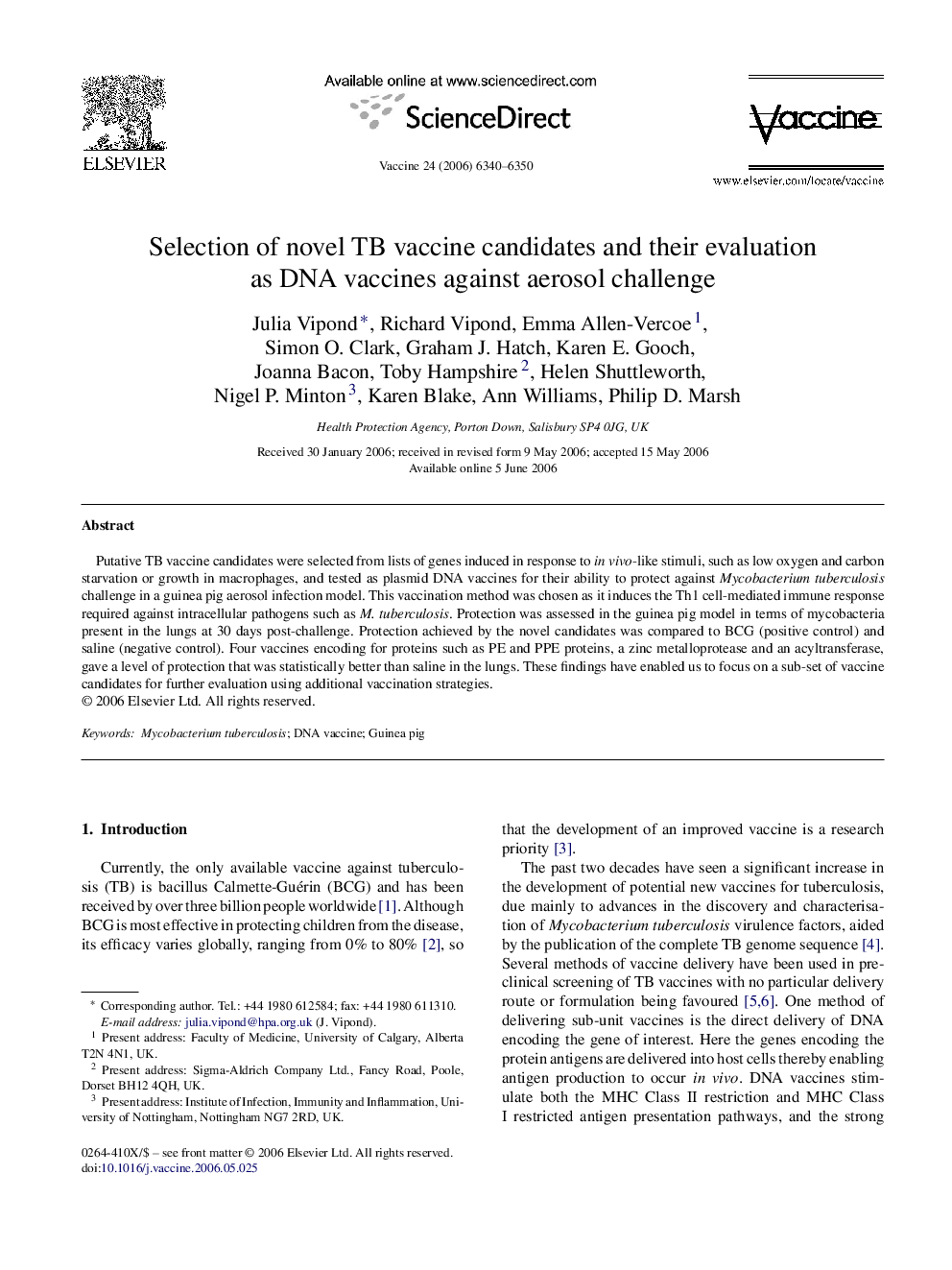 Selection of novel TB vaccine candidates and their evaluation as DNA vaccines against aerosol challenge