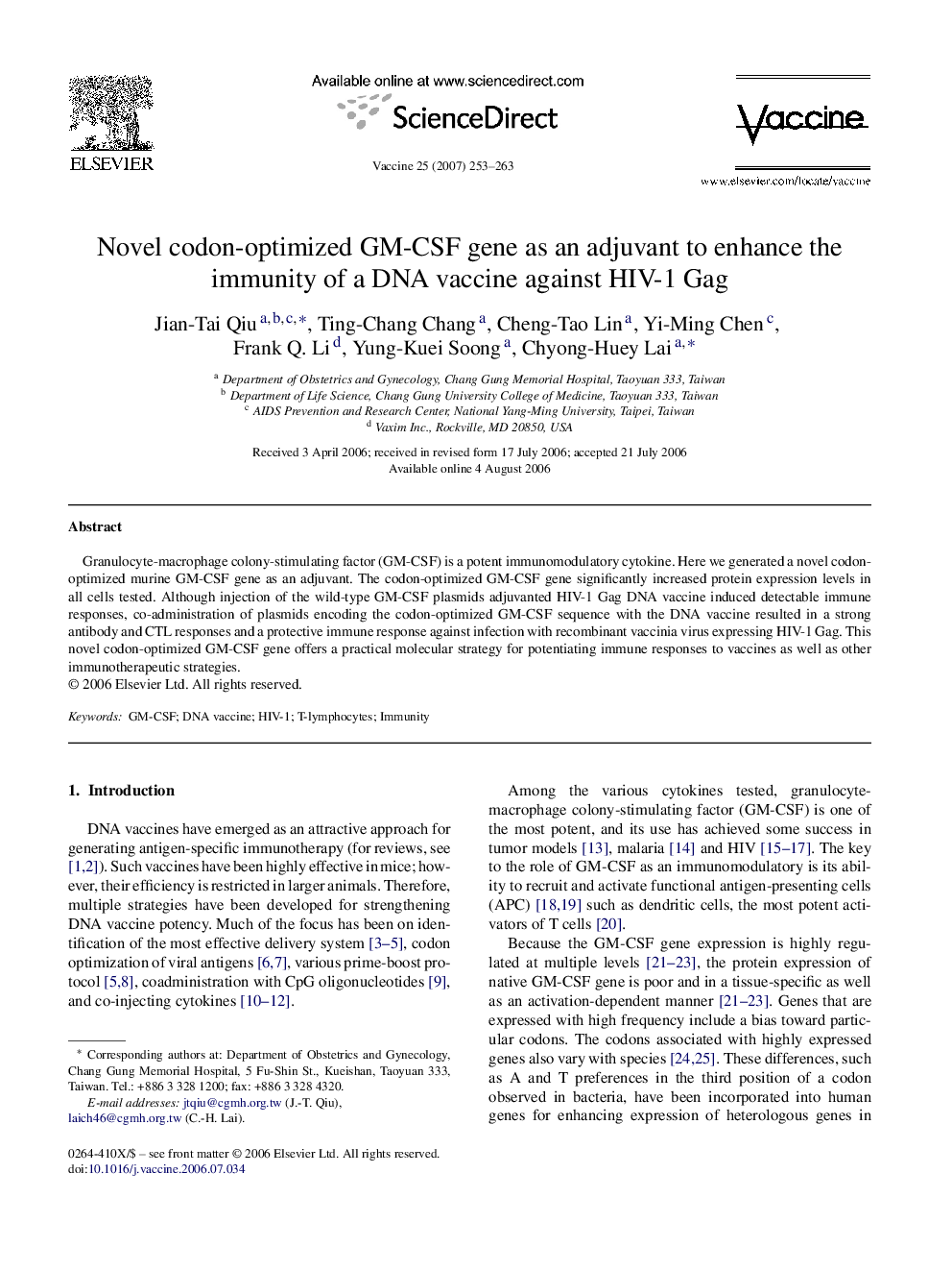 Novel codon-optimized GM-CSF gene as an adjuvant to enhance the immunity of a DNA vaccine against HIV-1 Gag