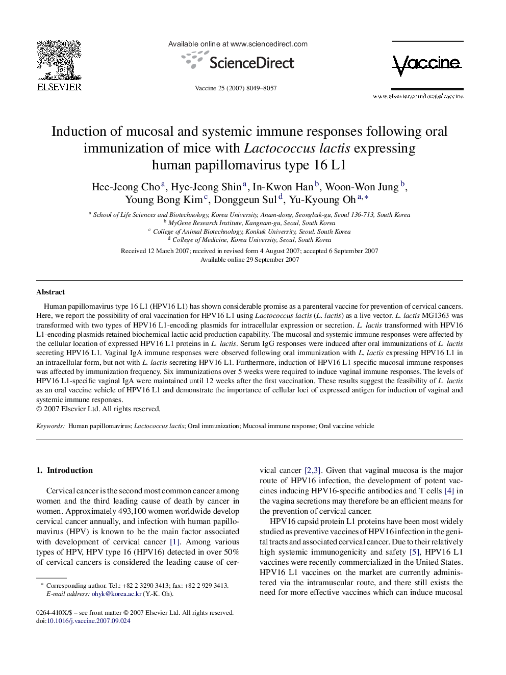 Induction of mucosal and systemic immune responses following oral immunization of mice with Lactococcus lactis expressing human papillomavirus type 16 L1