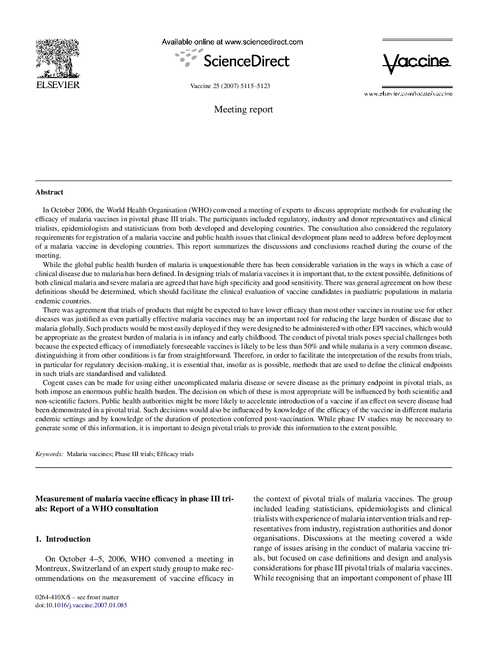 Measurement of malaria vaccine efficacy in phase III trials: Report of a WHO consultation