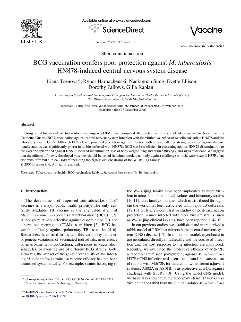 BCG vaccination confers poor protection against M. tuberculosis HN878-induced central nervous system disease