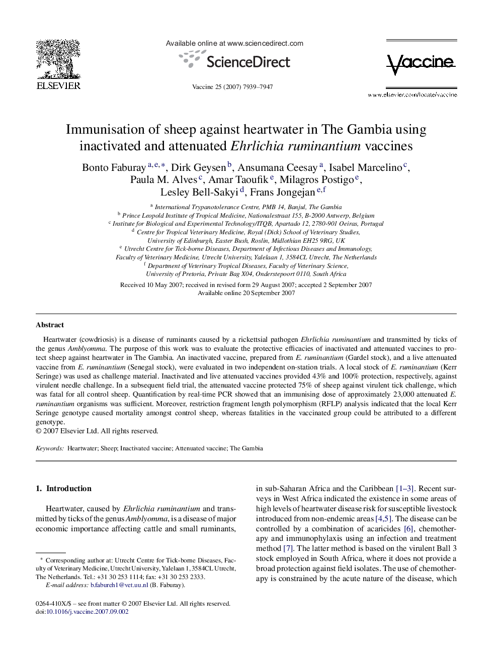 Immunisation of sheep against heartwater in The Gambia using inactivated and attenuated Ehrlichia ruminantium vaccines