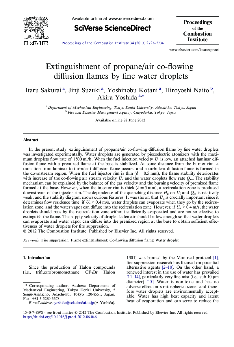 Extinguishment of propane/air co-flowing diffusion flames by fine water droplets
