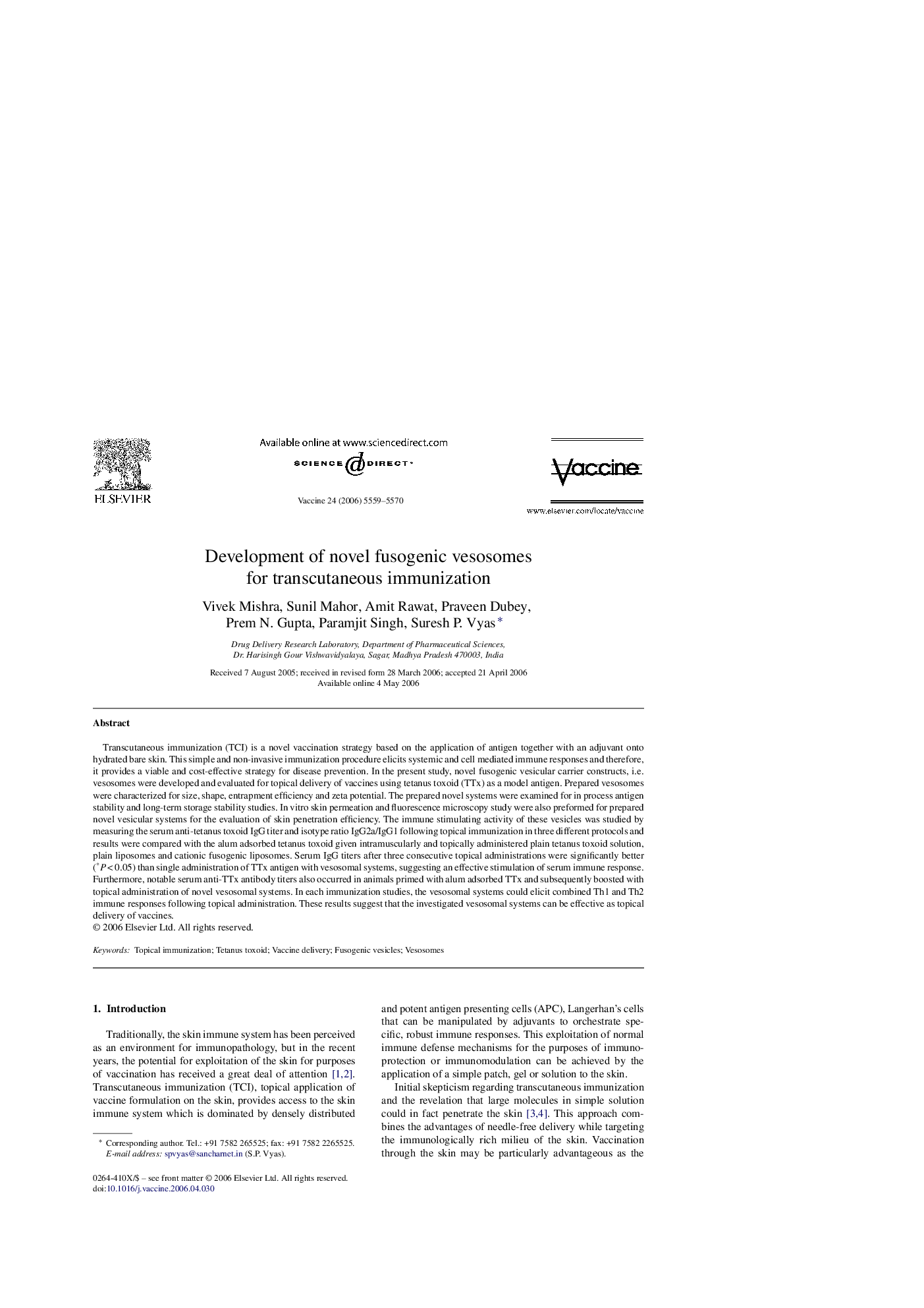 Development of novel fusogenic vesosomes for transcutaneous immunization