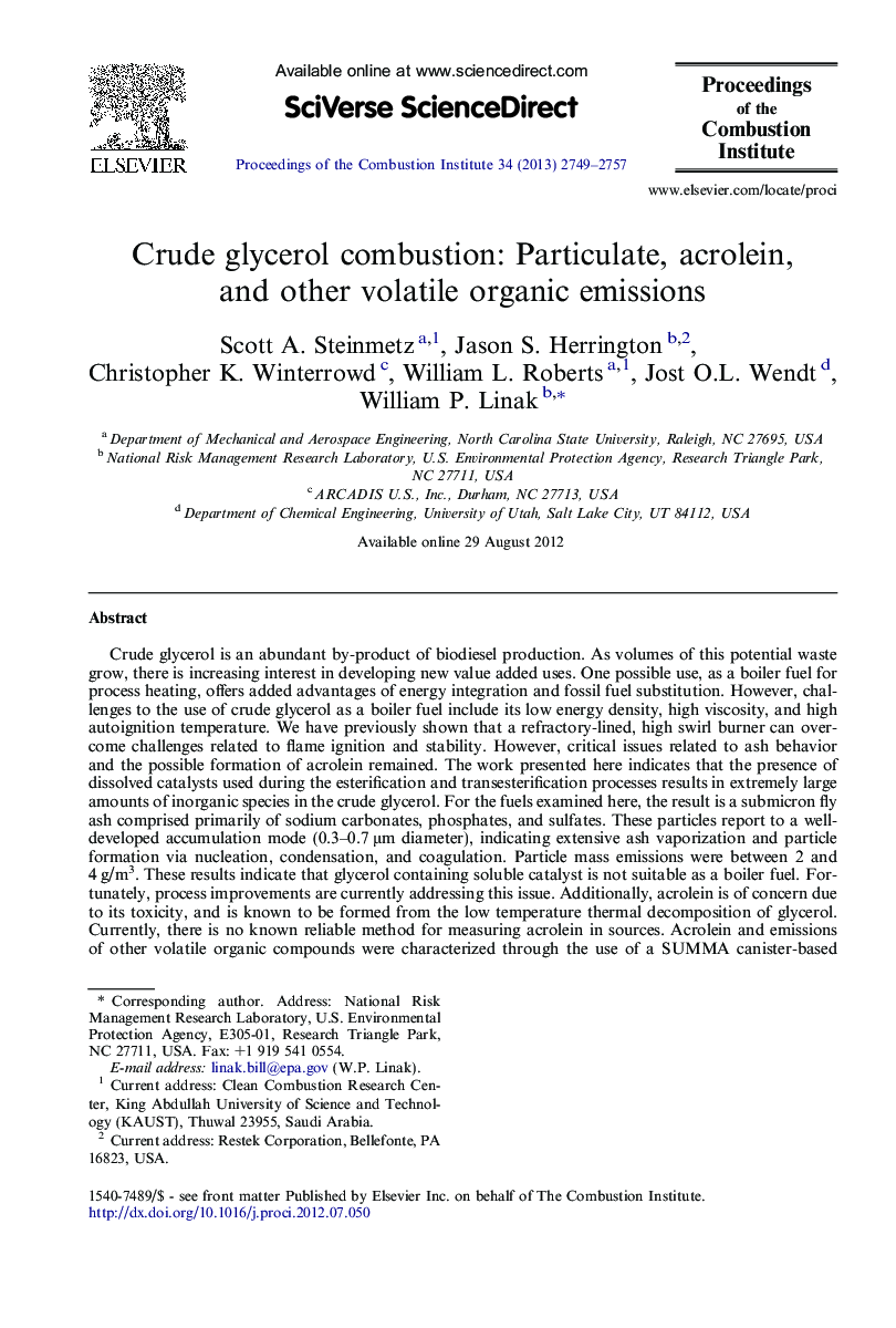 Crude glycerol combustion: Particulate, acrolein, and other volatile organic emissions