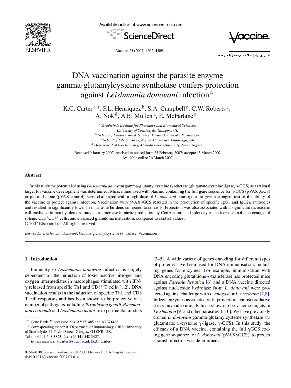 DNA vaccination against the parasite enzyme gamma-glutamylcysteine synthetase confers protection against Leishmania donovani infection 