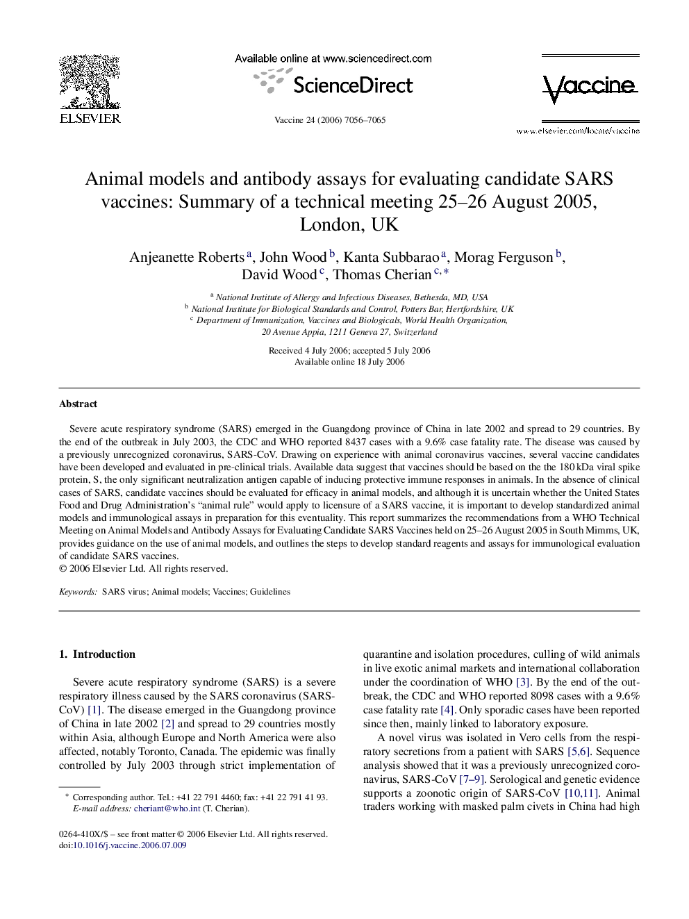 Animal models and antibody assays for evaluating candidate SARS vaccines: Summary of a technical meeting 25–26 August 2005, London, UK