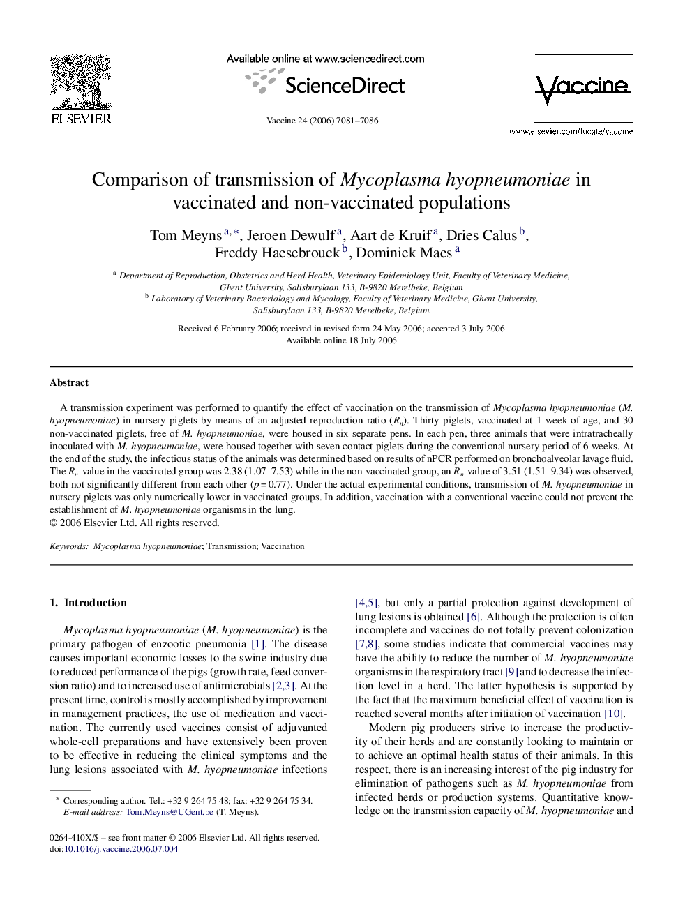 عکس صفحه اول مقاله: Comparison of transmission of Mycoplasma hyopneumoniae in vaccinated and non-vaccinated populations Comparison of transmission of Mycoplasma hyopneumoniae in vaccinated and non-vaccinated populations