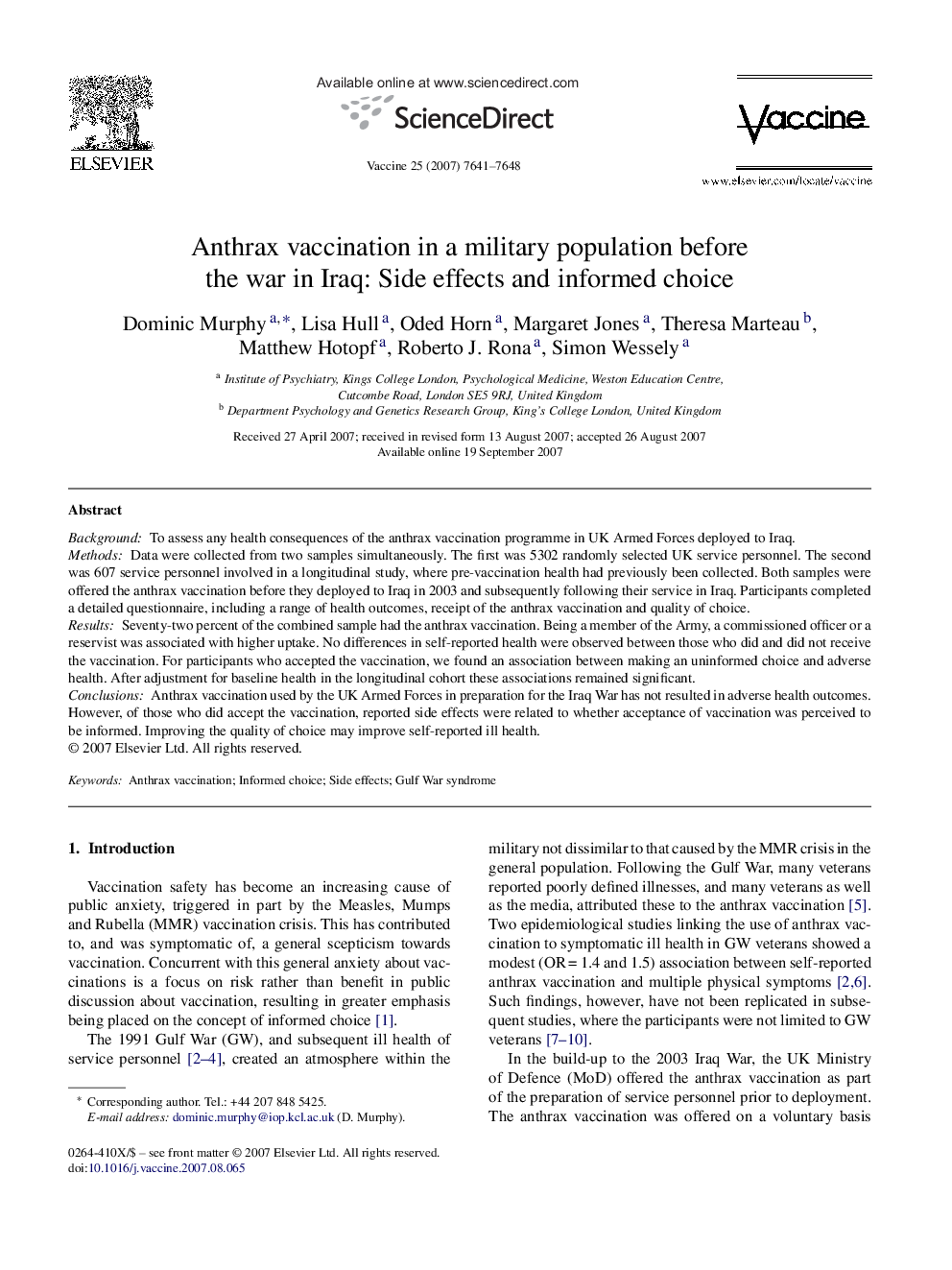 Anthrax vaccination in a military population before the war in Iraq: Side effects and informed choice