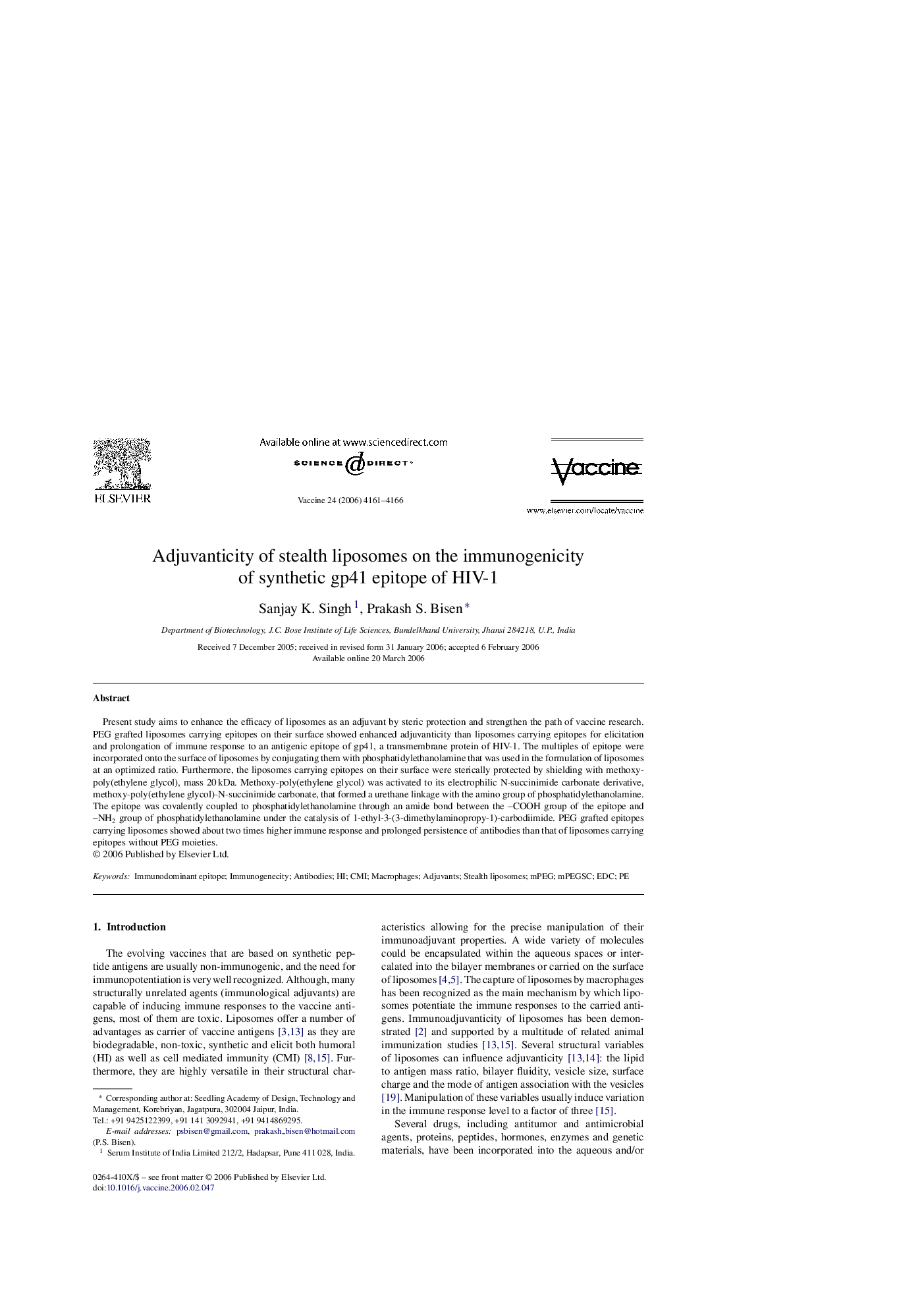 Adjuvanticity of stealth liposomes on the immunogenicity of synthetic gp41 epitope of HIV-1