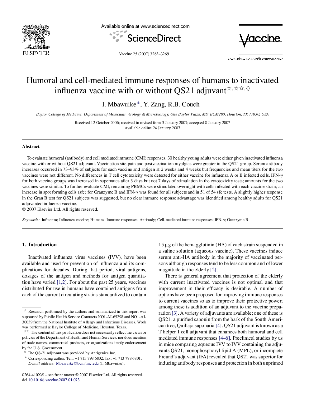 Humoral and cell-mediated immune responses of humans to inactivated influenza vaccine with or without QS21 adjuvant ◊