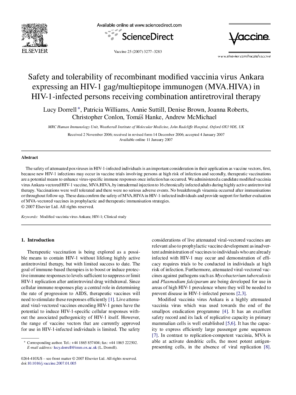 Safety and tolerability of recombinant modified vaccinia virus Ankara expressing an HIV-1 gag/multiepitope immunogen (MVA.HIVA) in HIV-1-infected persons receiving combination antiretroviral therapy