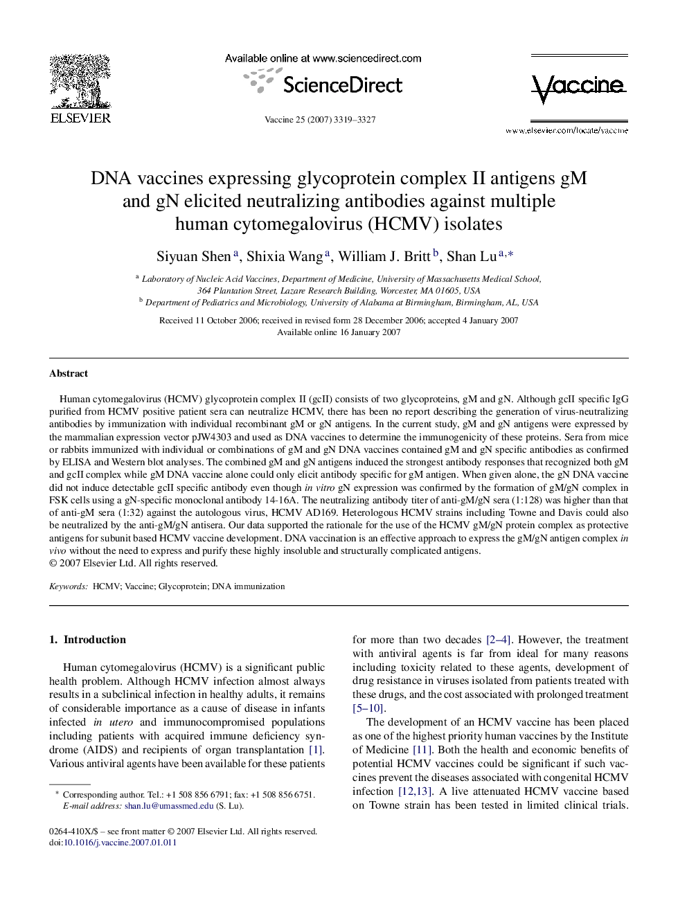 DNA vaccines expressing glycoprotein complex II antigens gM and gN elicited neutralizing antibodies against multiple human cytomegalovirus (HCMV) isolates