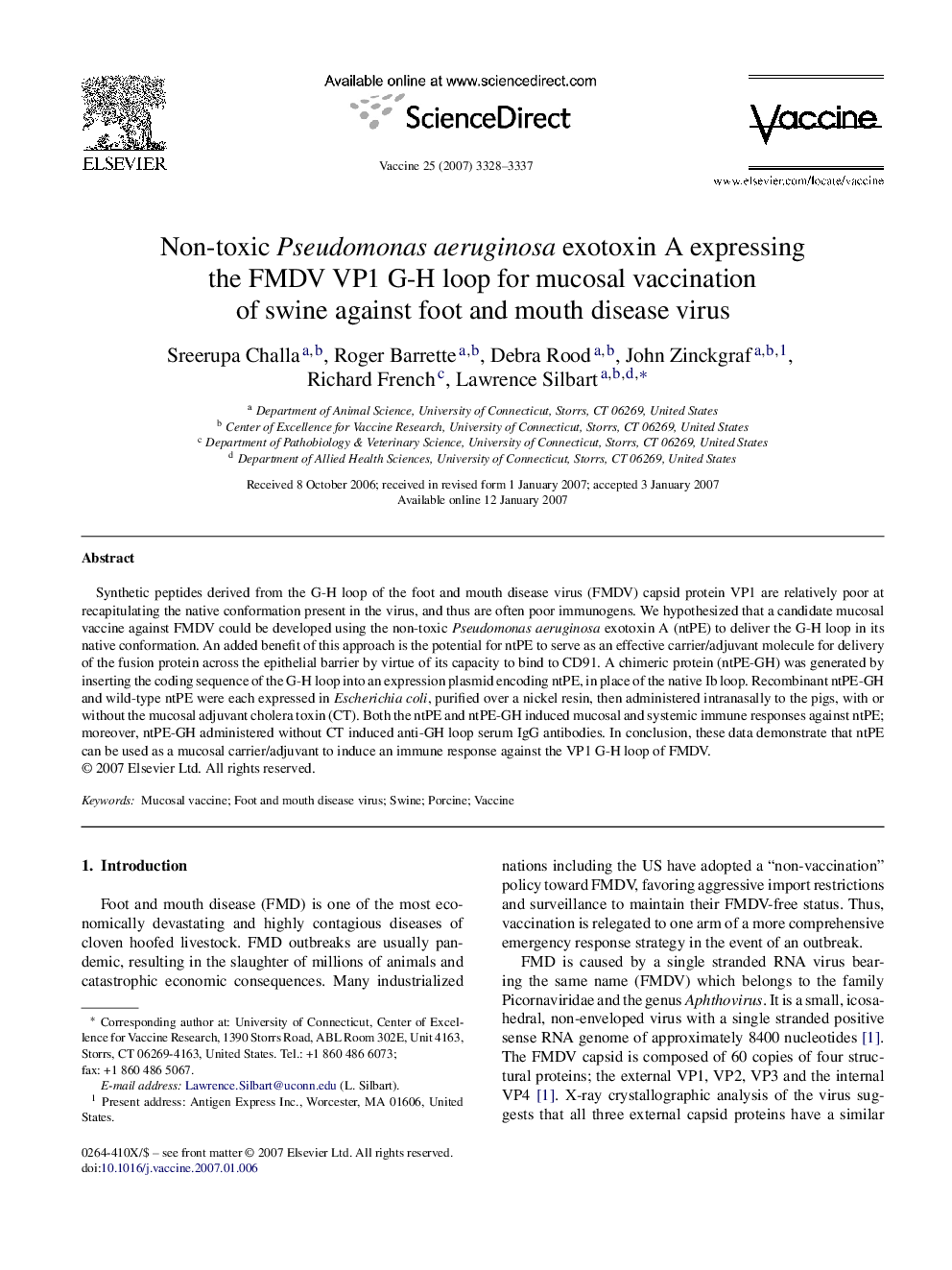 Non-toxic Pseudomonas aeruginosa exotoxin A expressing the FMDV VP1 G-H loop for mucosal vaccination of swine against foot and mouth disease virus