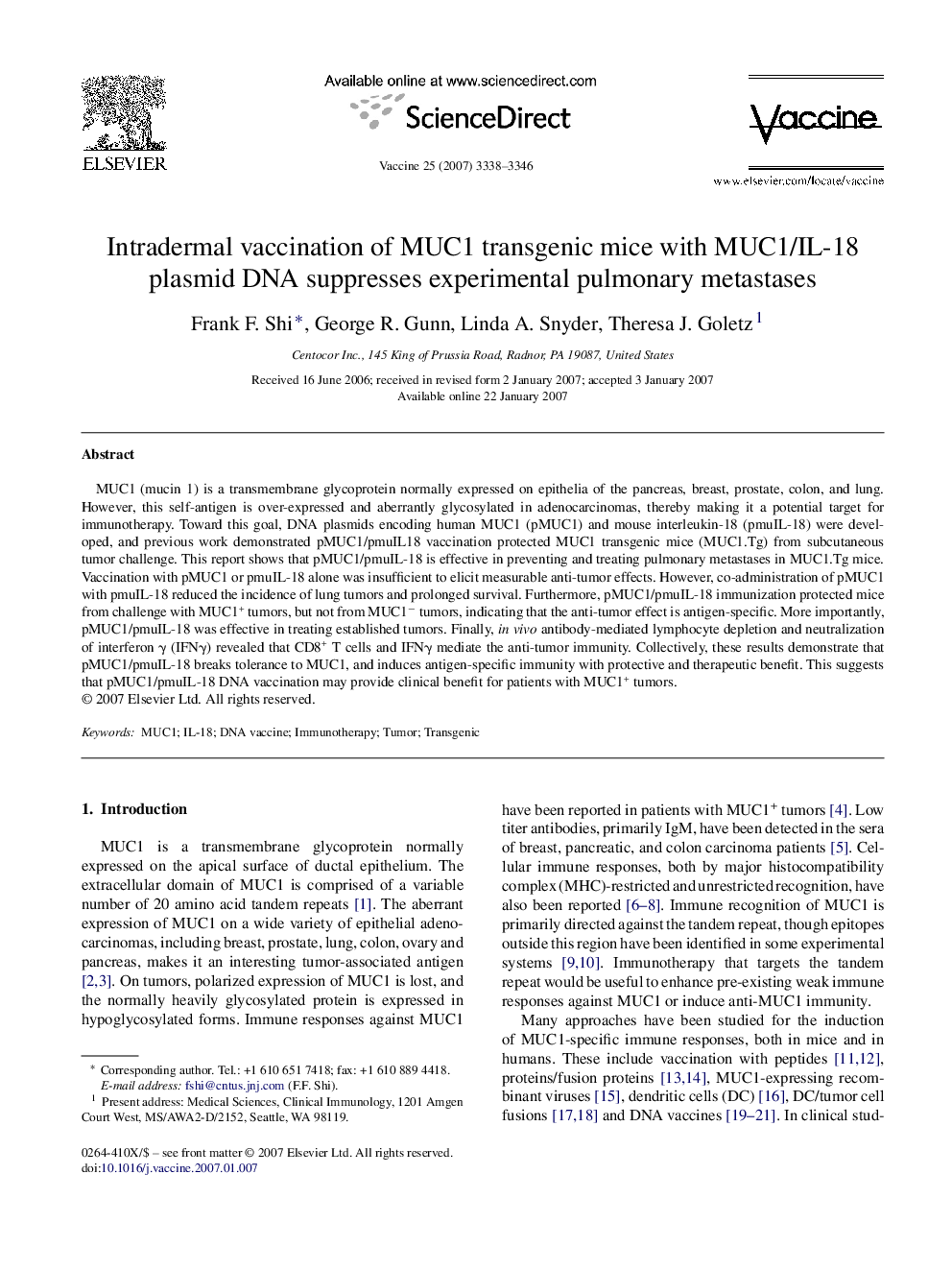 Intradermal vaccination of MUC1 transgenic mice with MUC1/IL-18 plasmid DNA suppresses experimental pulmonary metastases